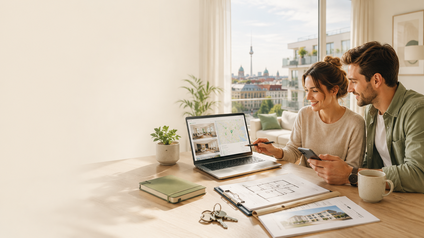 A couple searching for an apartment online in Germany